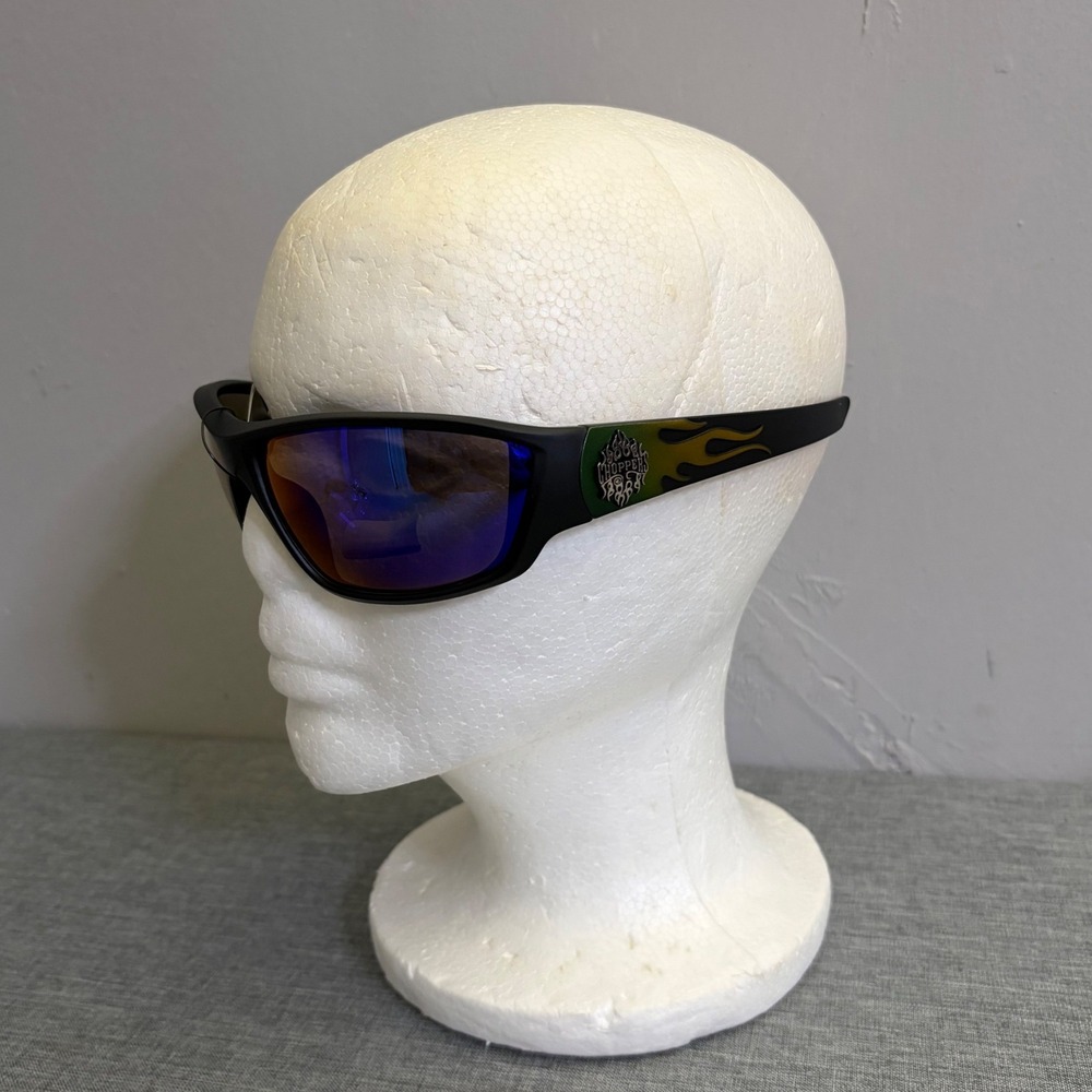 Choppers Sunglasses Men OS Black Blue Mirror Flame Wrap Biker Y2K 6792-GRN